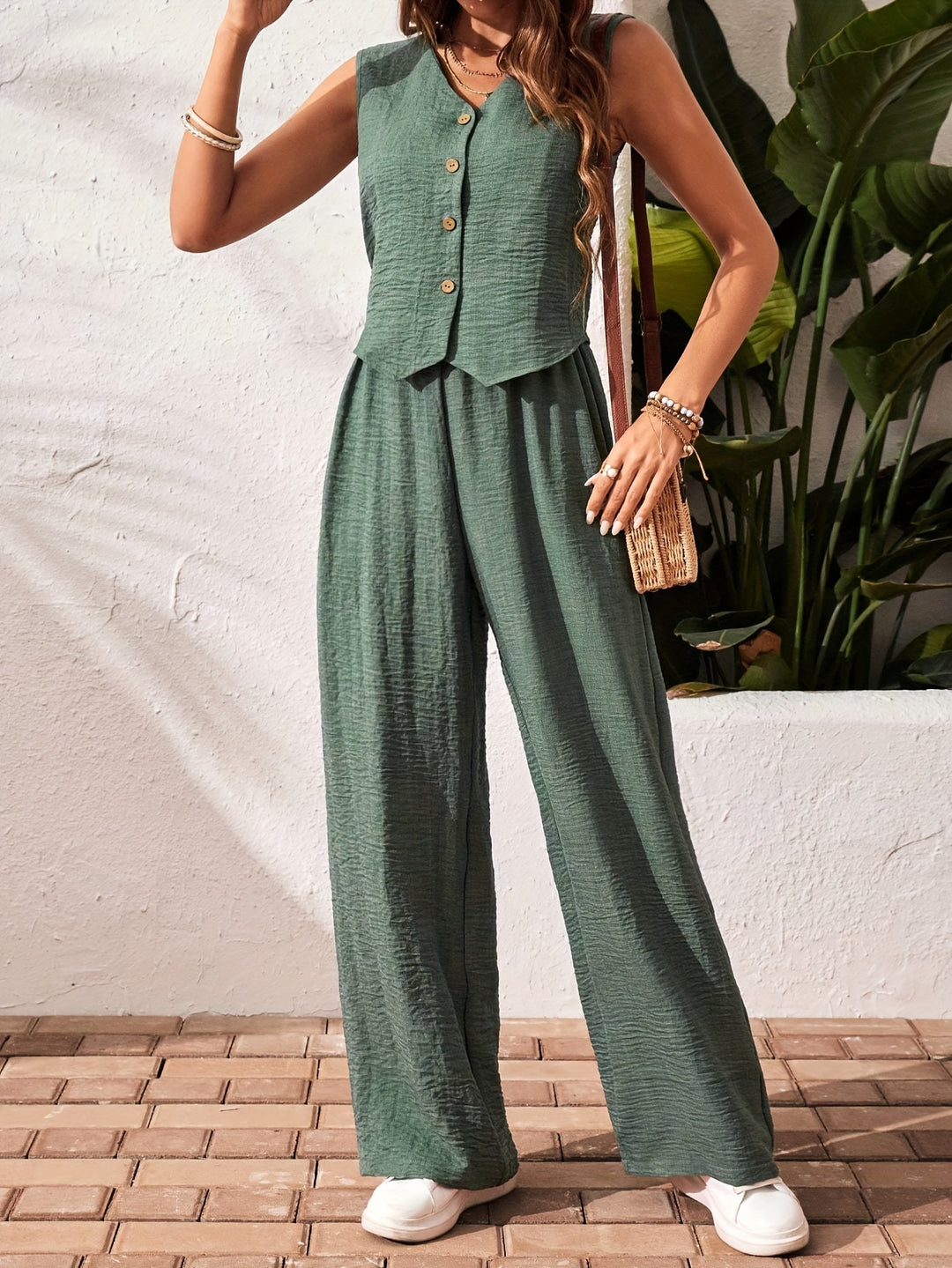 Green V-Neck Button Down Top & Pant Set
