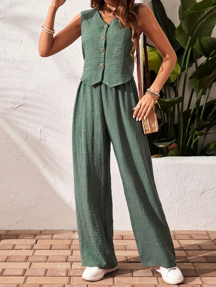 Green V-Neck Button Down Top & Pant Set