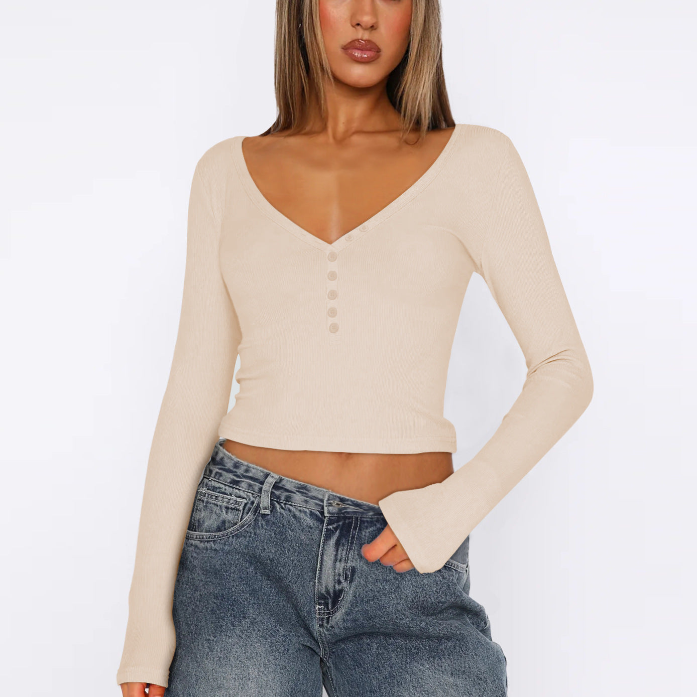 Cream Buttoned Down V Neck Top