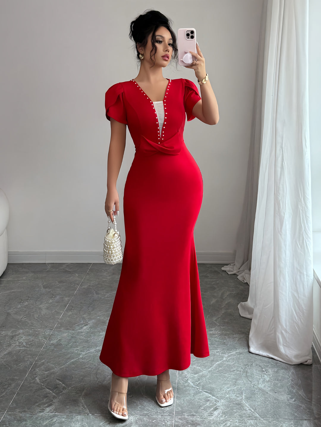 Red Petal Sleeve V-Neck Dress