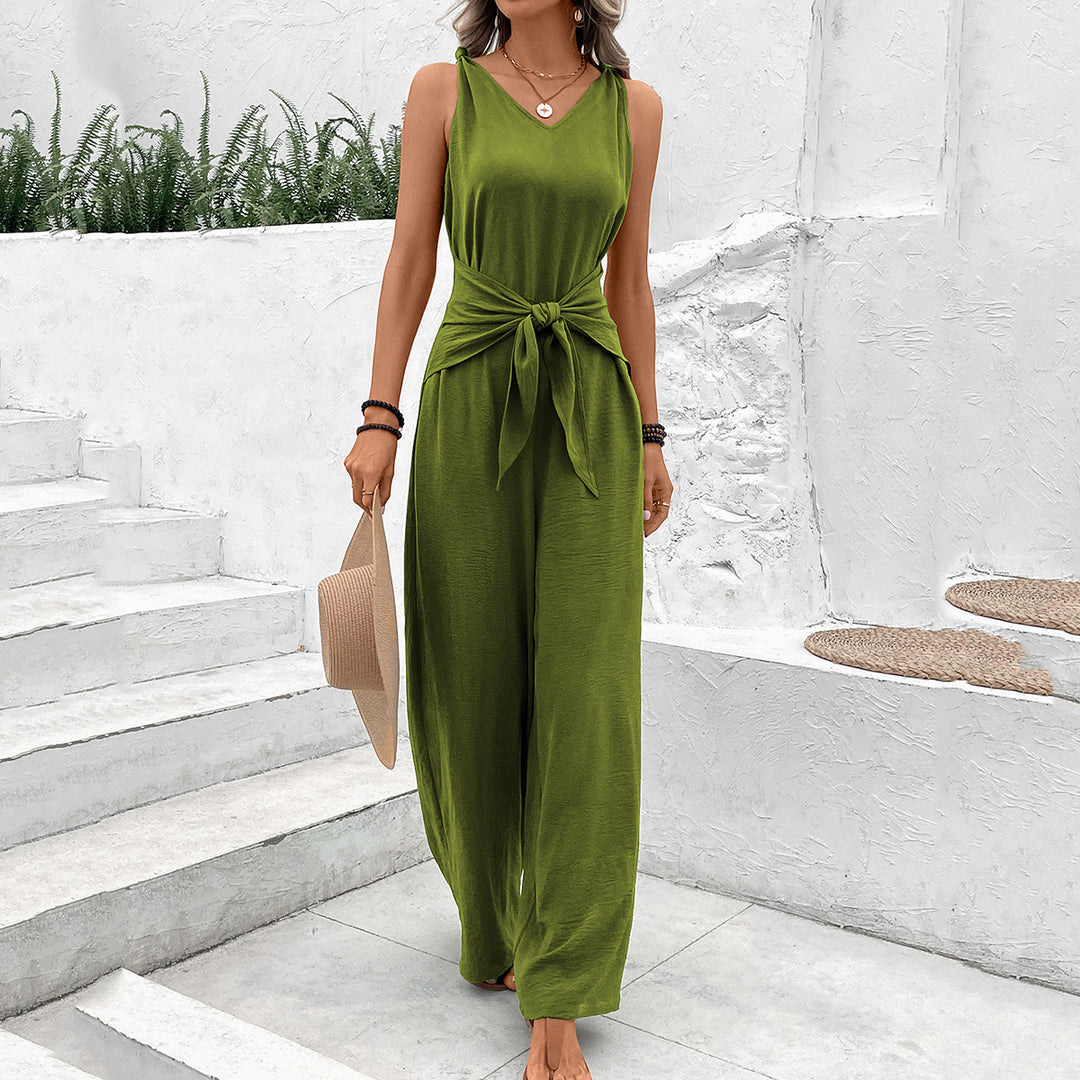 Green Jumpsuit With Waist Tie Up Detail