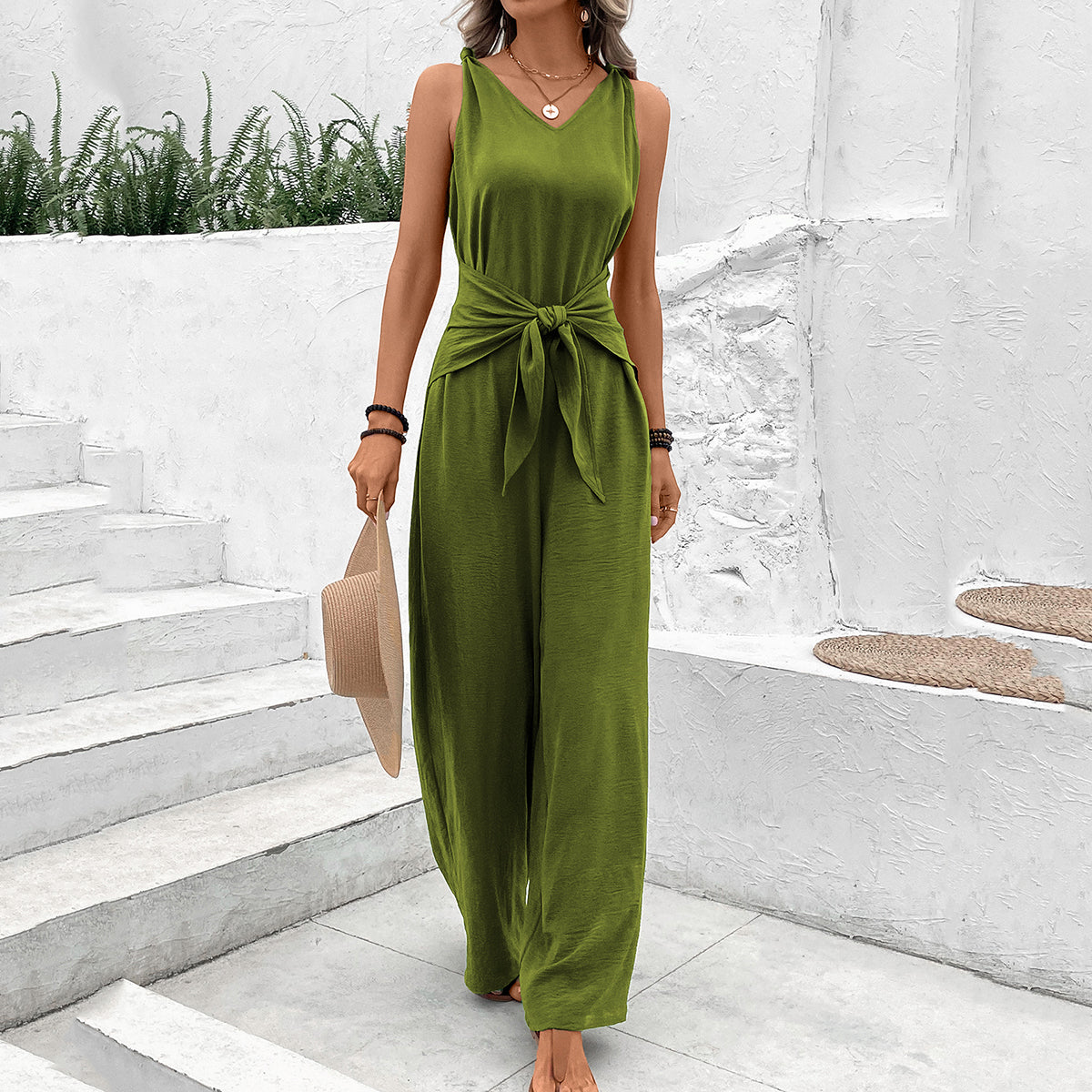 Green Jumpsuit With Waist Tie Up Detail