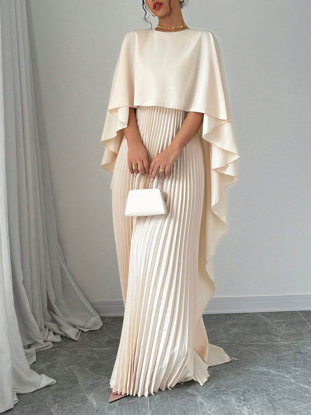Cream Crew Neck Coverup Pleated Dress