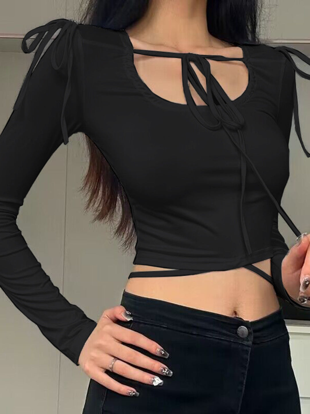 Black Front Neck And Shoulder Tie Up Fitted Tops