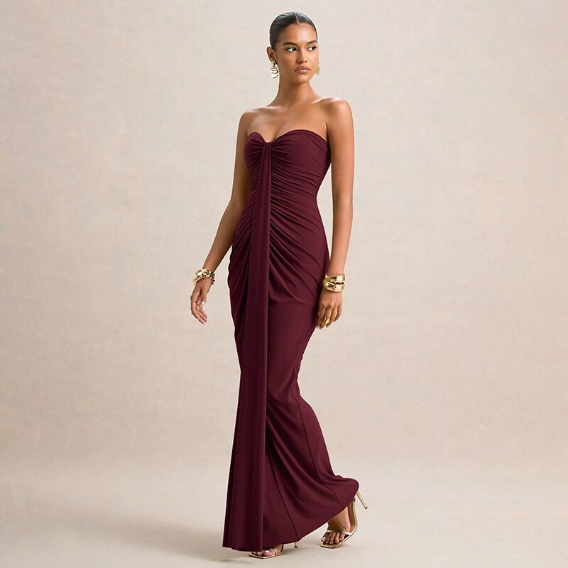 Wine Off Shoulder Sweetheart Neck Front Pleated Dress