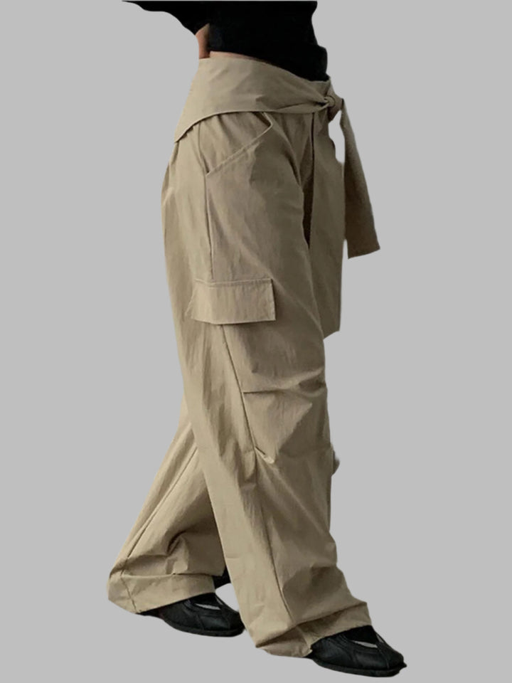Beige Tie Up Parachute Pant