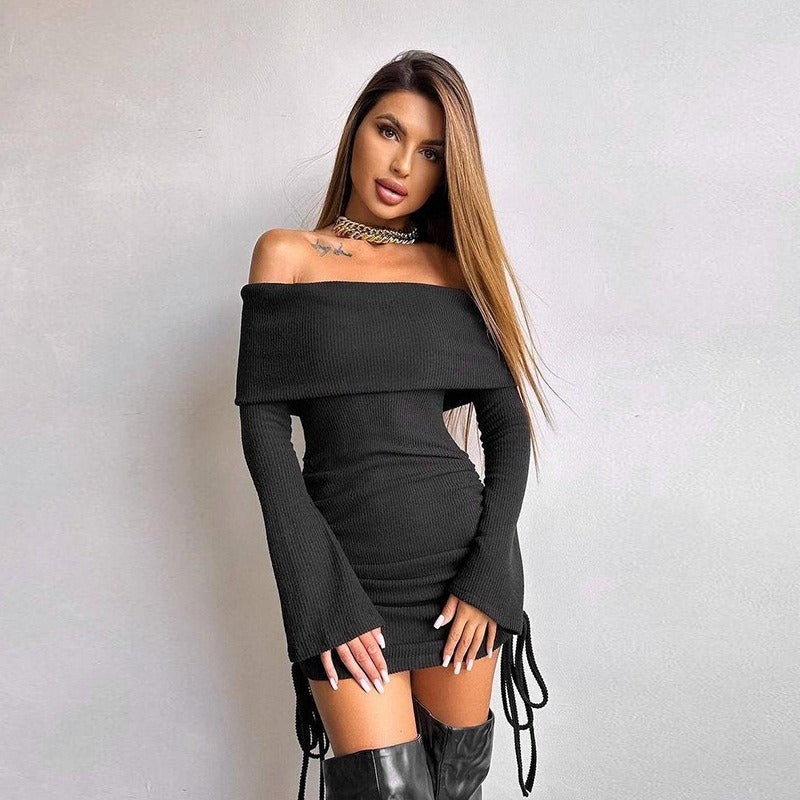 Black Off Shoulder Bell Sleeves Fitted Dress