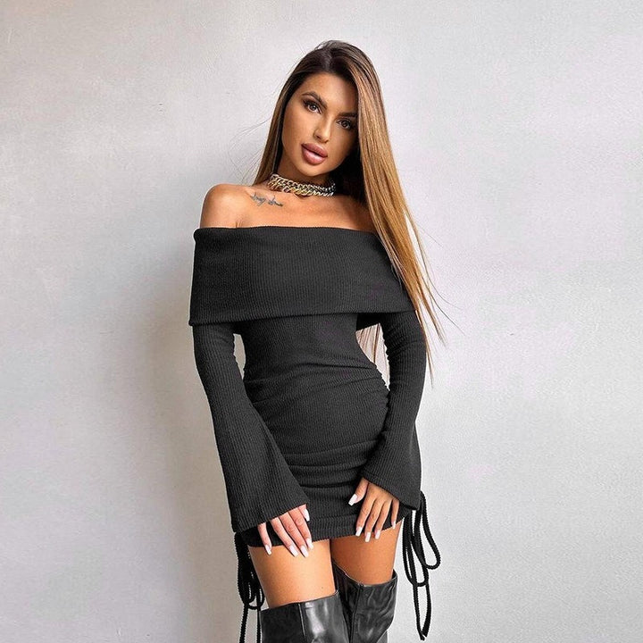 Black Off Shoulder Bell Sleeves Fitted Dress