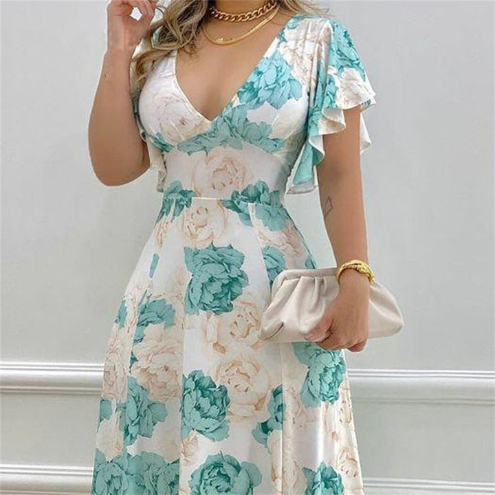 Aqua Printed Plunge Neck Flutter Sleeve Dress