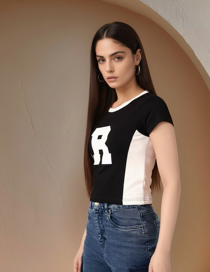 Black Short Sleeve Contrast Neck Graphic Print Tshirt