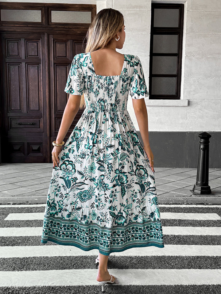 Green Printed Square Neck Dress