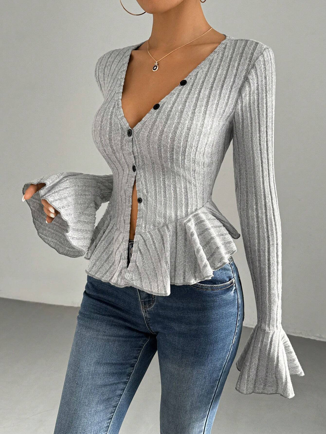 Grey Button Down Peplum Hem Top