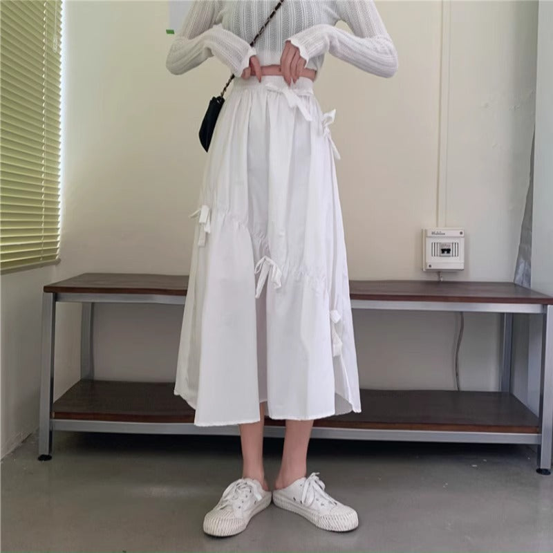White Flared Skirt With Bow Detail