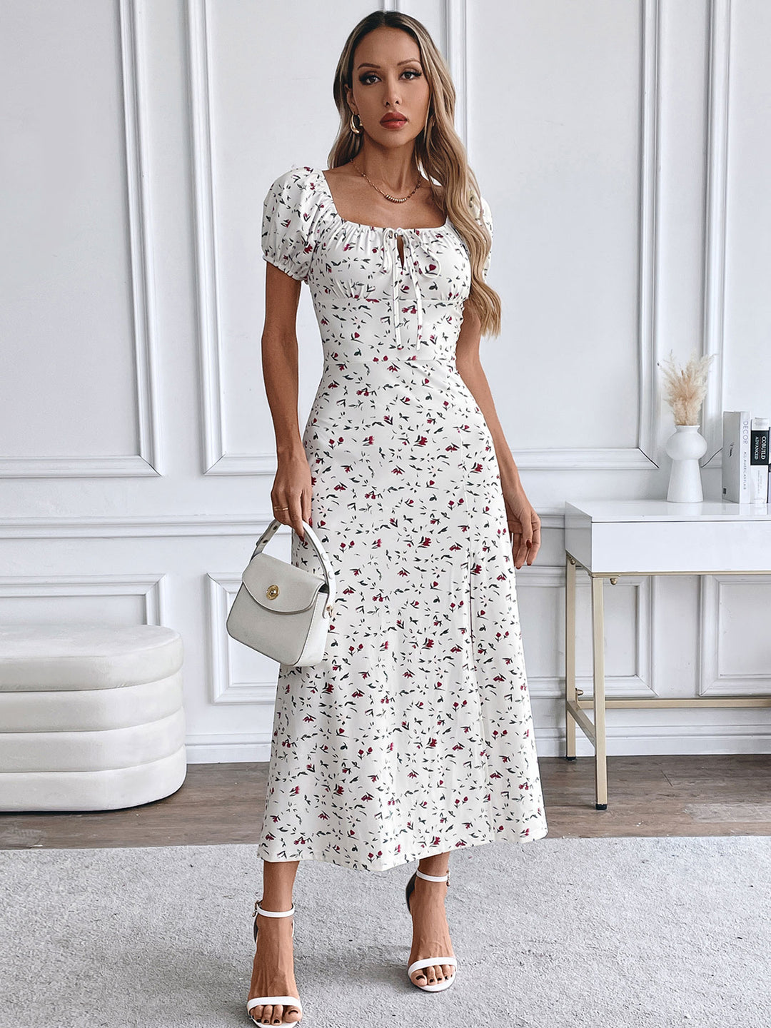 White Corset Printed Dress With Side Slit