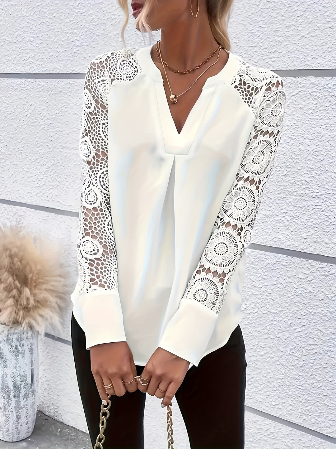 White V Neck Top With Lace Inserts