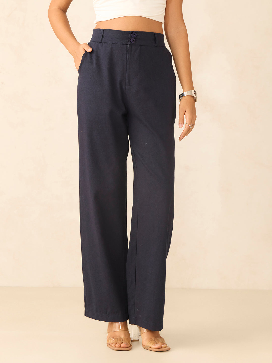 Navy Blue Tapered Fit High-Rise Trouser