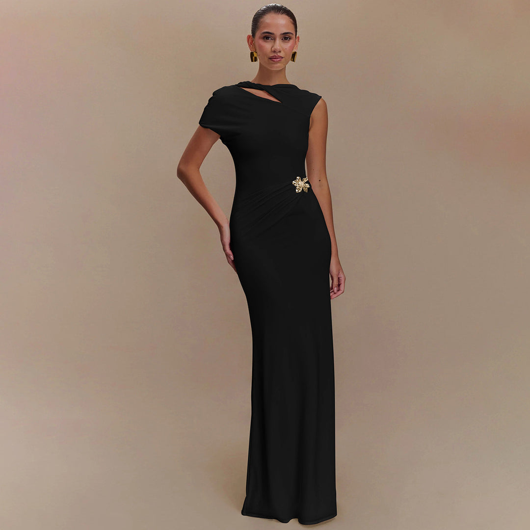 Black Cut-Out Bodycon Maxi Dress With Buckle