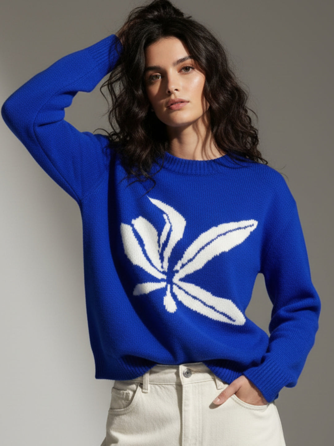 Blue Bold Flower Graphic Sweater