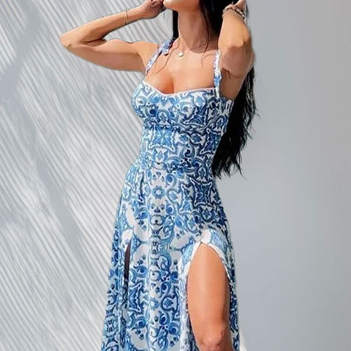Blue Strappy Printed Thigh High Slit Dress