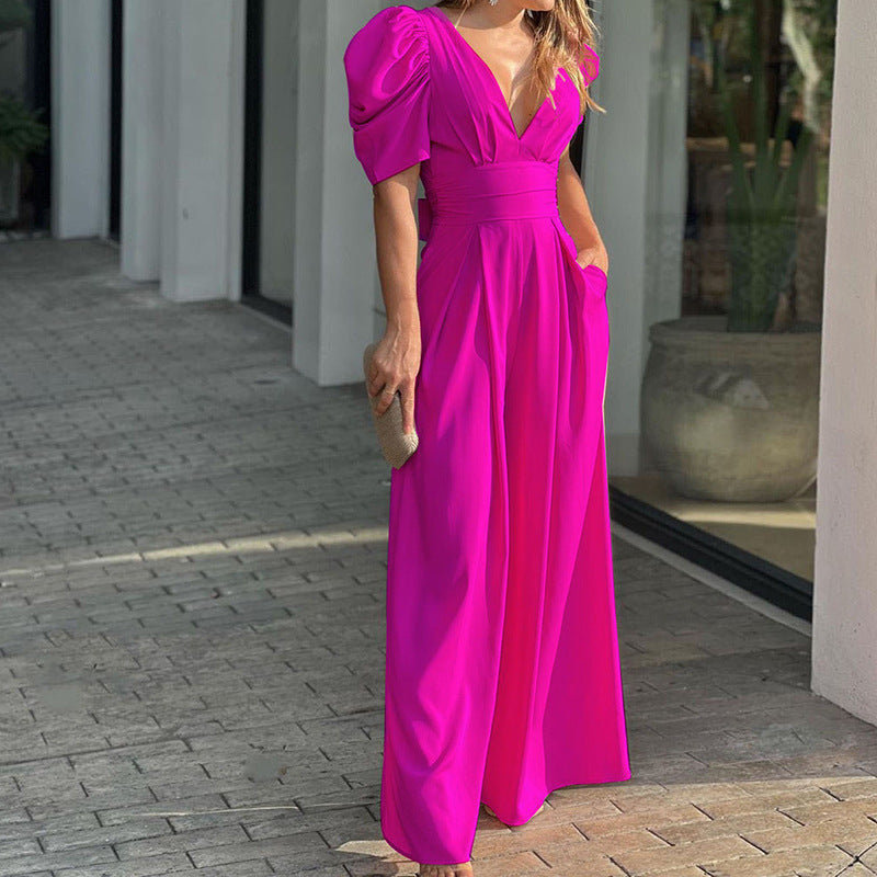 Pink V Neck Wasit Band Fit Flare Dress