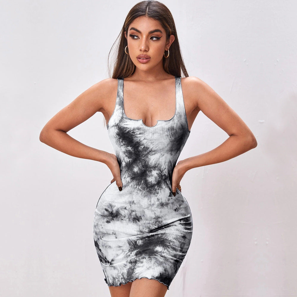 Black Shoulder Strap Tie-Dye Dress