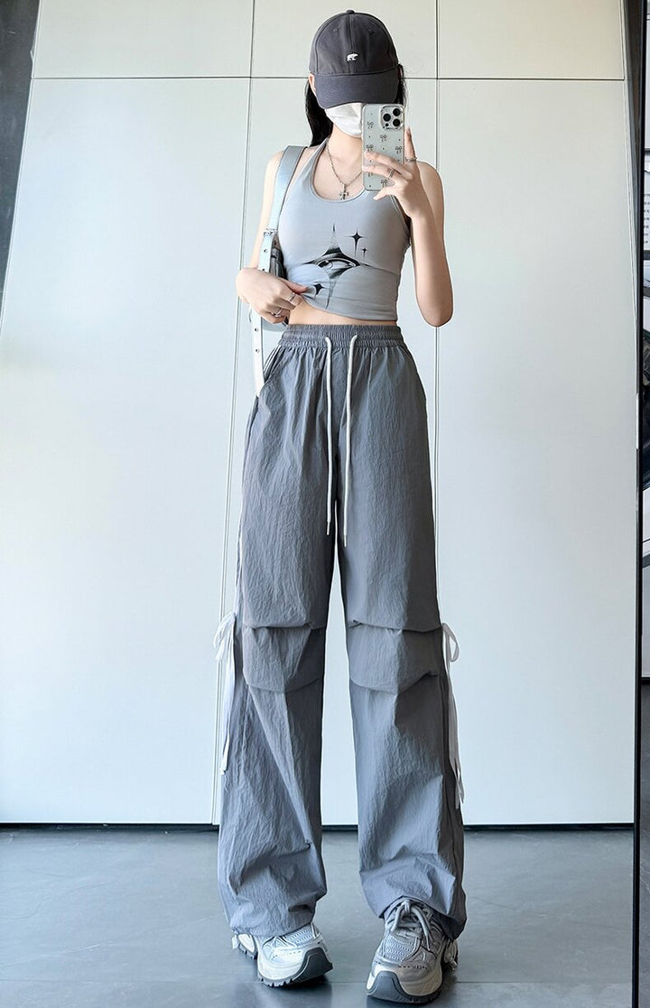 Grey Wide Leg Drawstring Stripe Pin Tuck Sweatpants