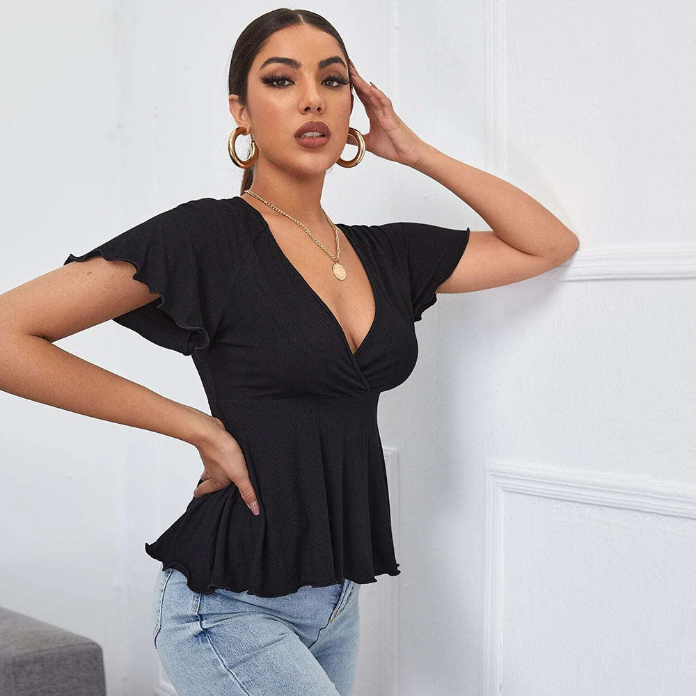Black Flouncy Hem V-Neck Top