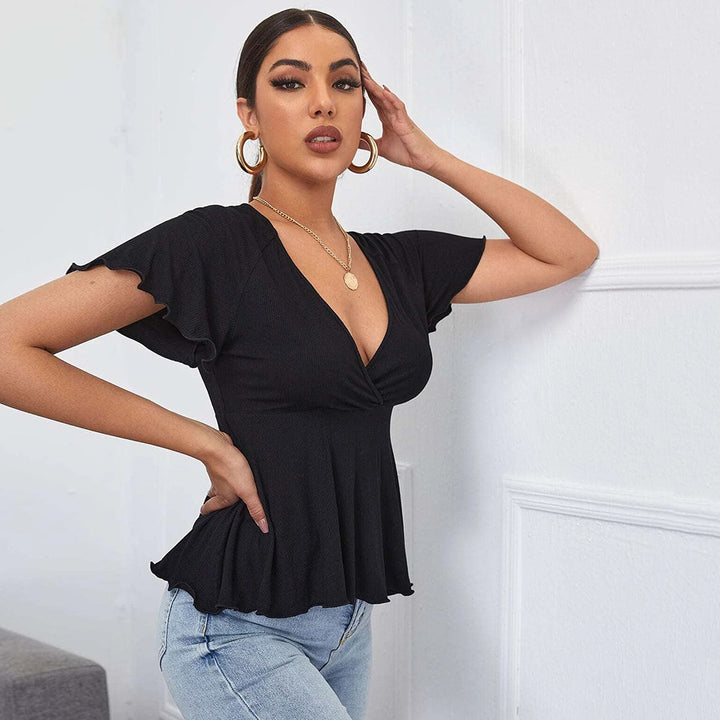 Black Flouncy Hem V-Neck Top
