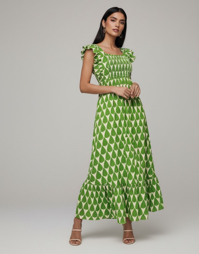 Green Ruffle Sleeve Square Neck Dress