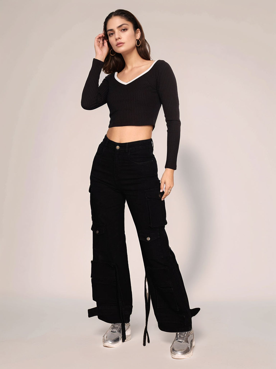 Black Full Sleeves Contrast Neckline Top