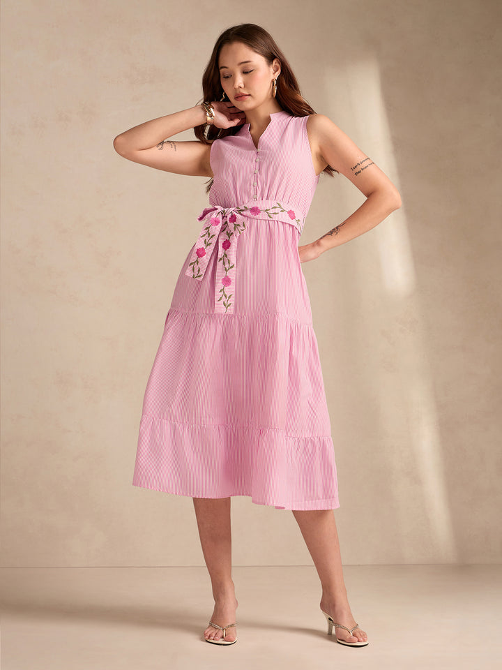 Pink Flared Sleeveless Midi Dress