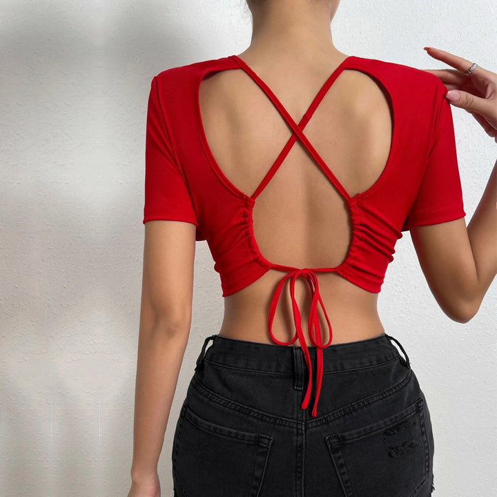 Red Short Sleeve Back Tie-Up Top