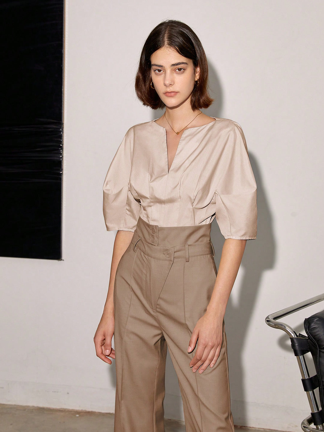 Beige High Waist Side Button Pant