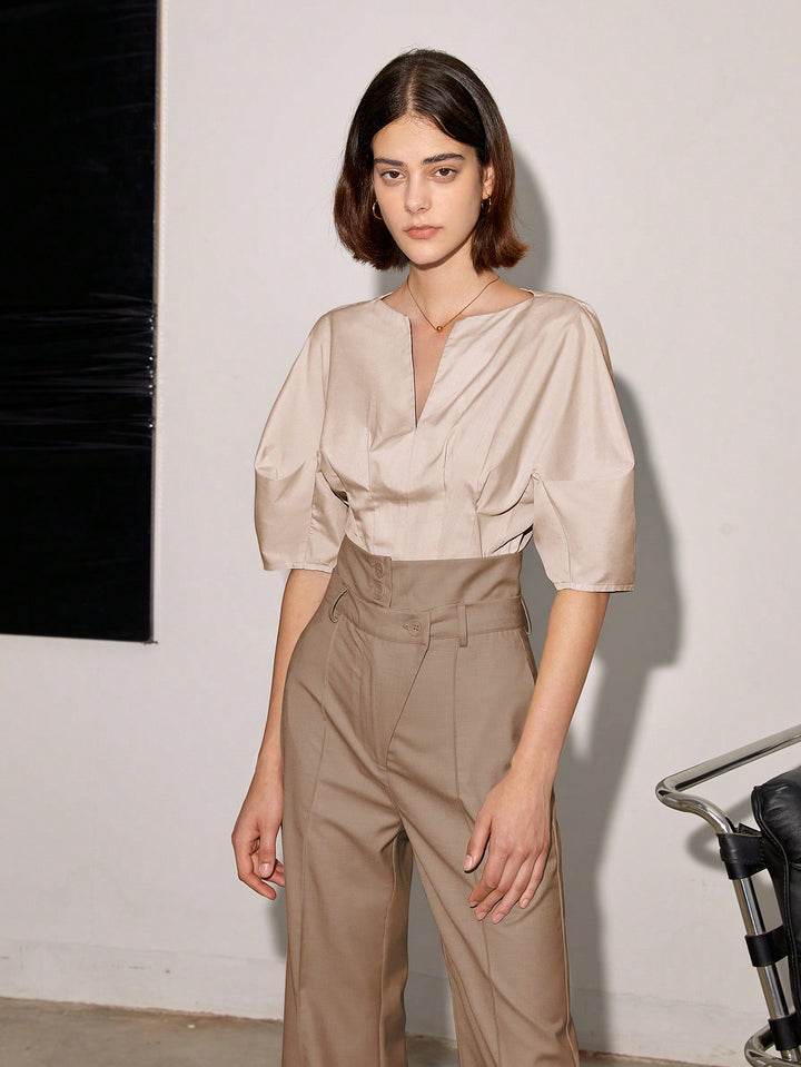 Beige High Waist Side Button Pant