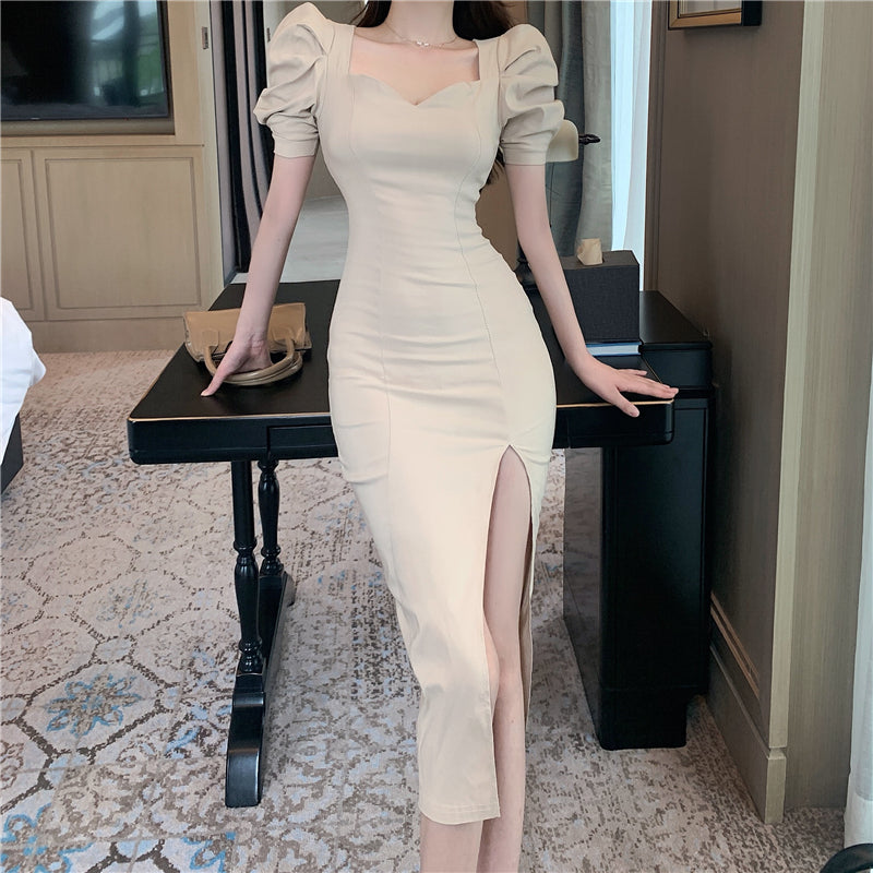 Khaki Sweetheart Neck Line Slit Dress