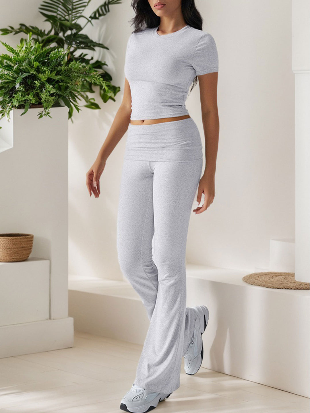 Grey Short Sleeve Top & Waist Ruched Pant Set