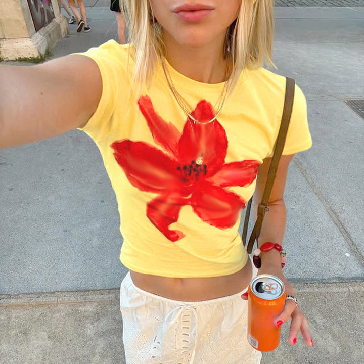 Yellow Flower Print Graphic Tshirt