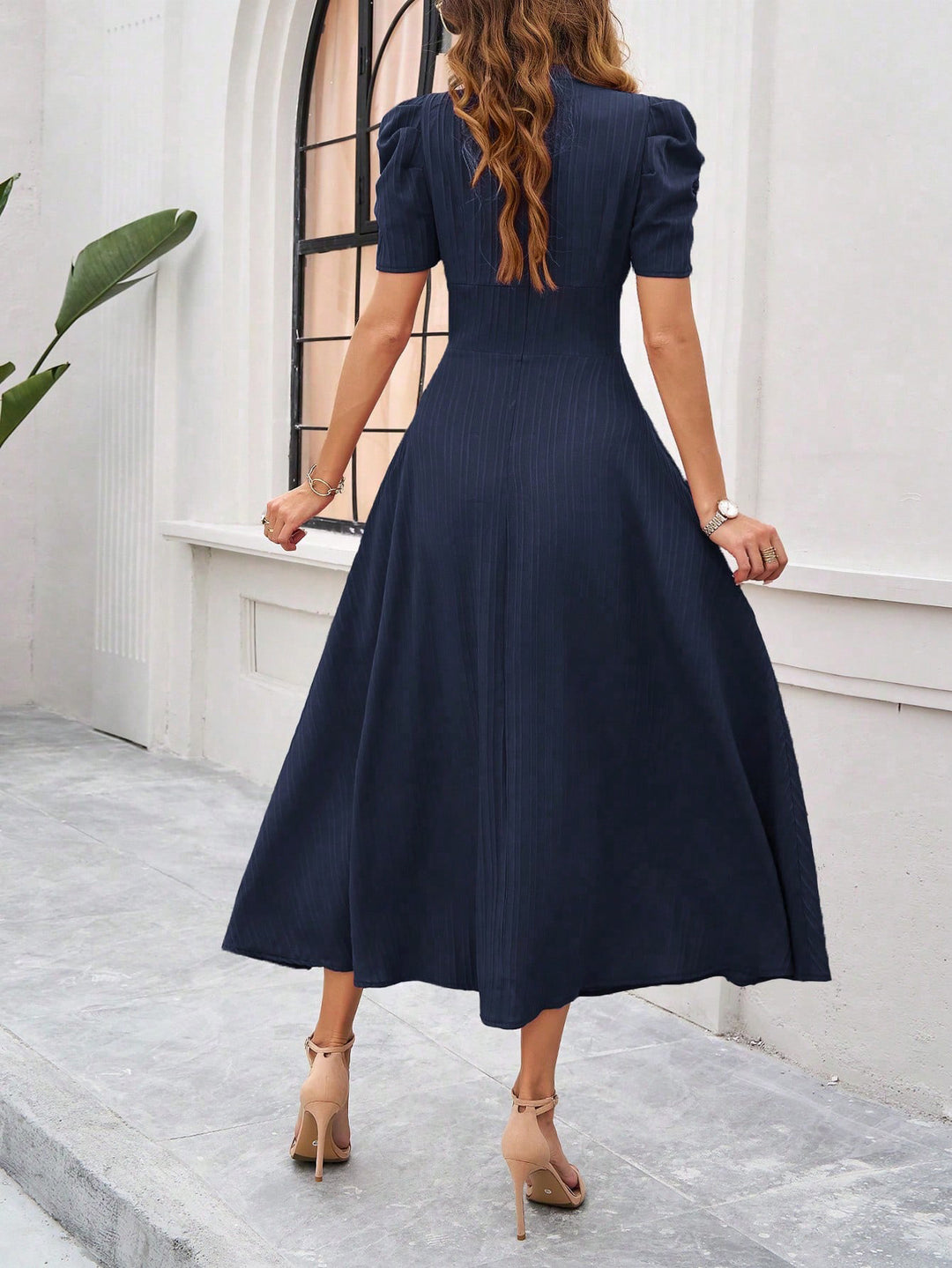 Navy Blue Fit And Flare Midi Dress