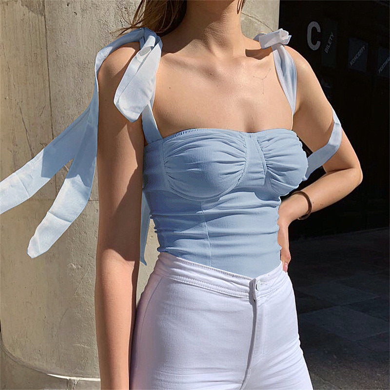 Blue Bow Tie Up At Shoulder Fitted Top