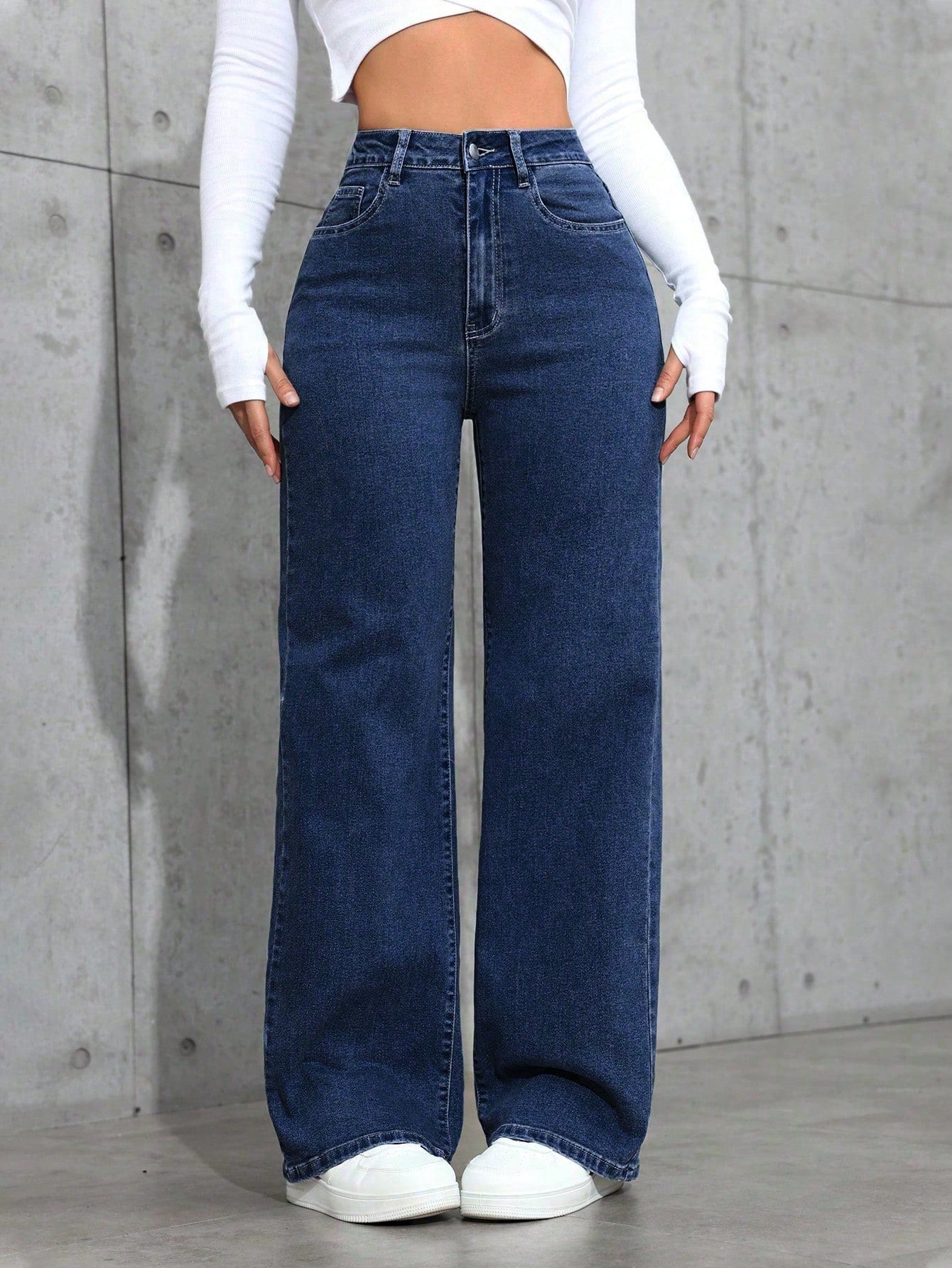 Blue Dark Washed Basic Wide Leg Jeans
