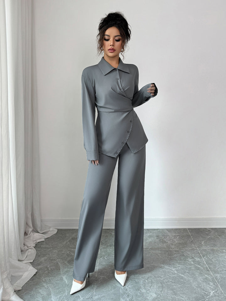 Grey Full Sleeve Wrap Shirt And Pant Set
