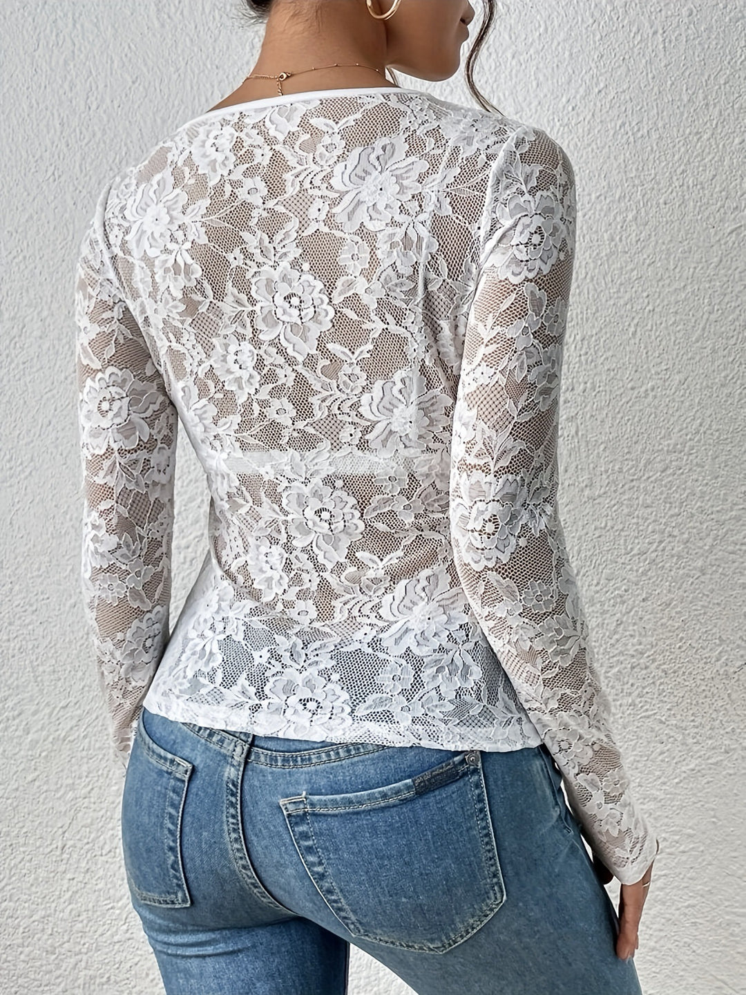 White Full Sleeve Plunging Neck Mesh Top