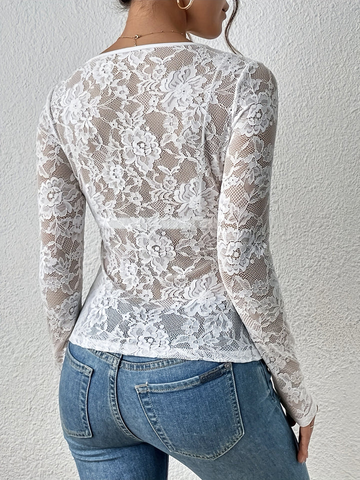White Full Sleeve Plunging Neck Mesh Top