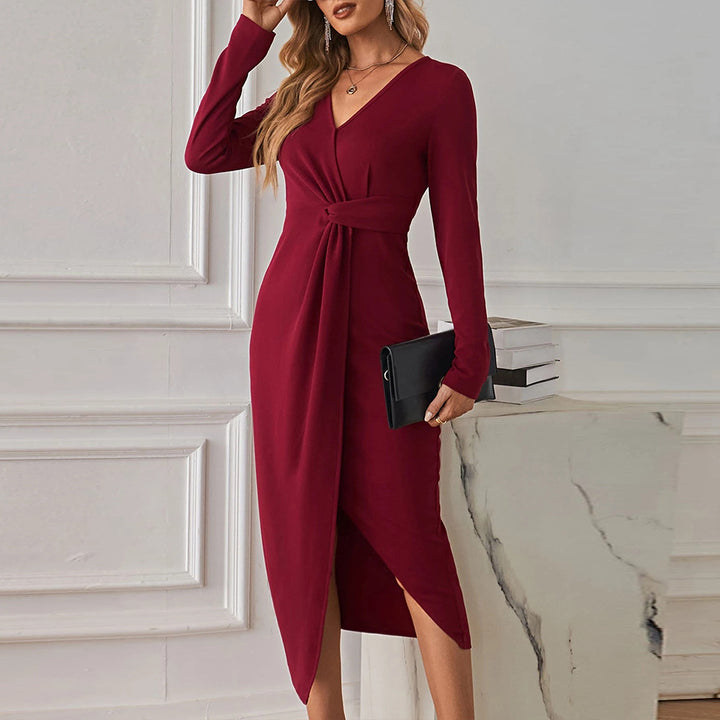 Wine Full Sleeve Front Twisted Dress