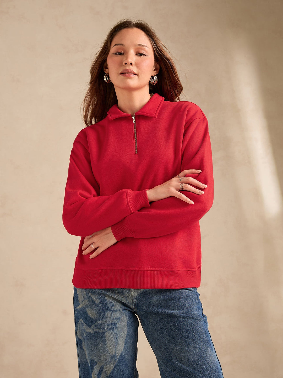 Red Plush Russian Fleece Zip-Up Sweatshirt