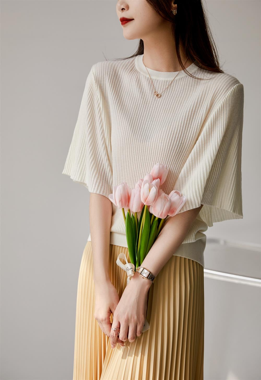 White Plisse Top With Flared Sleeves