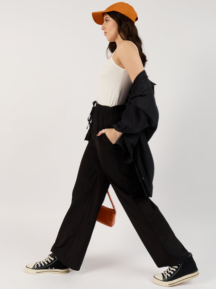 Textured Drawstring Black Trousers
