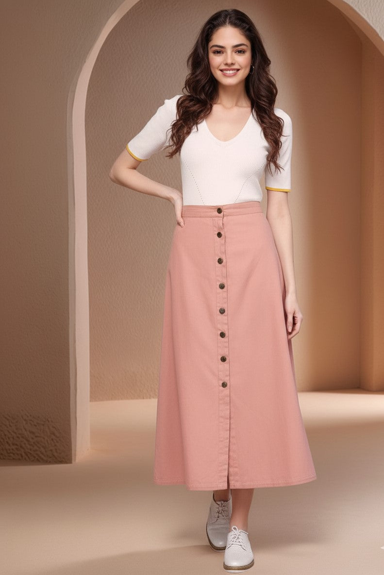 Pink High Waist Front Buttoned Skirt