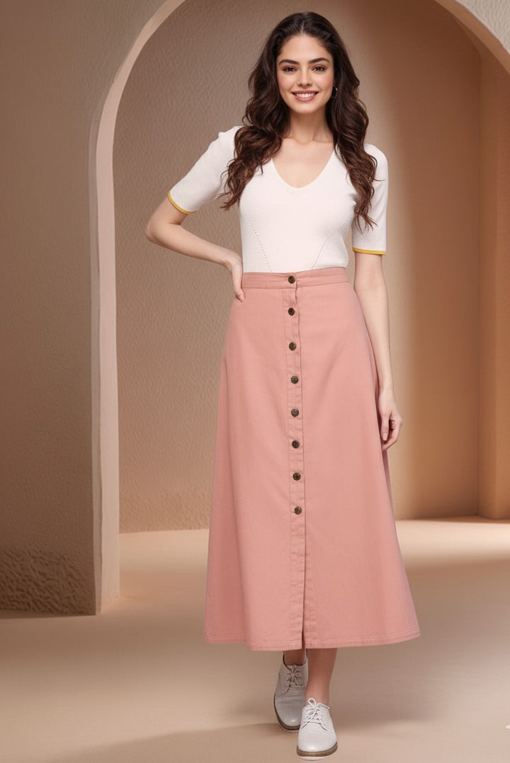 Pink High Waist Front Buttoned Skirt