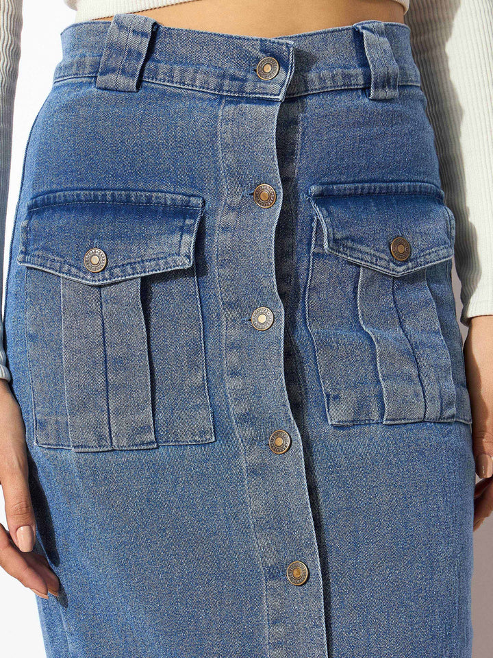 Blue High Waist Front Slit Denim Skirt